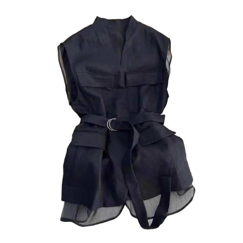Black Blouse Sleeveless Vest Tops for Women Mesh Patchwork Shirt