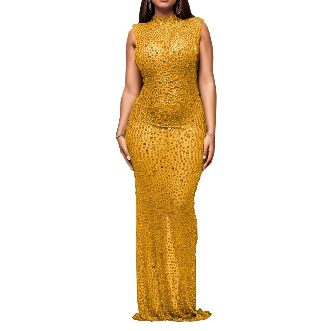 Cocktail Dress Diamonds Hot Rhinestones O-neck Women Sleeveless Bodycon Maxi Dress