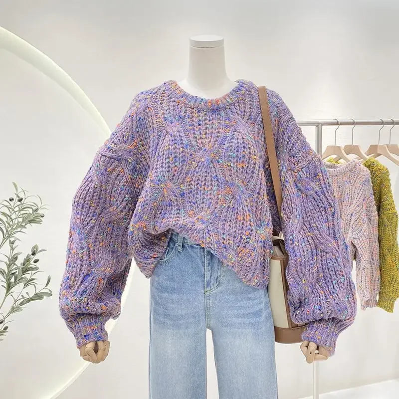 Knit Colorful Loose Fit Lantern Sleeve Cropped Sweater For Women