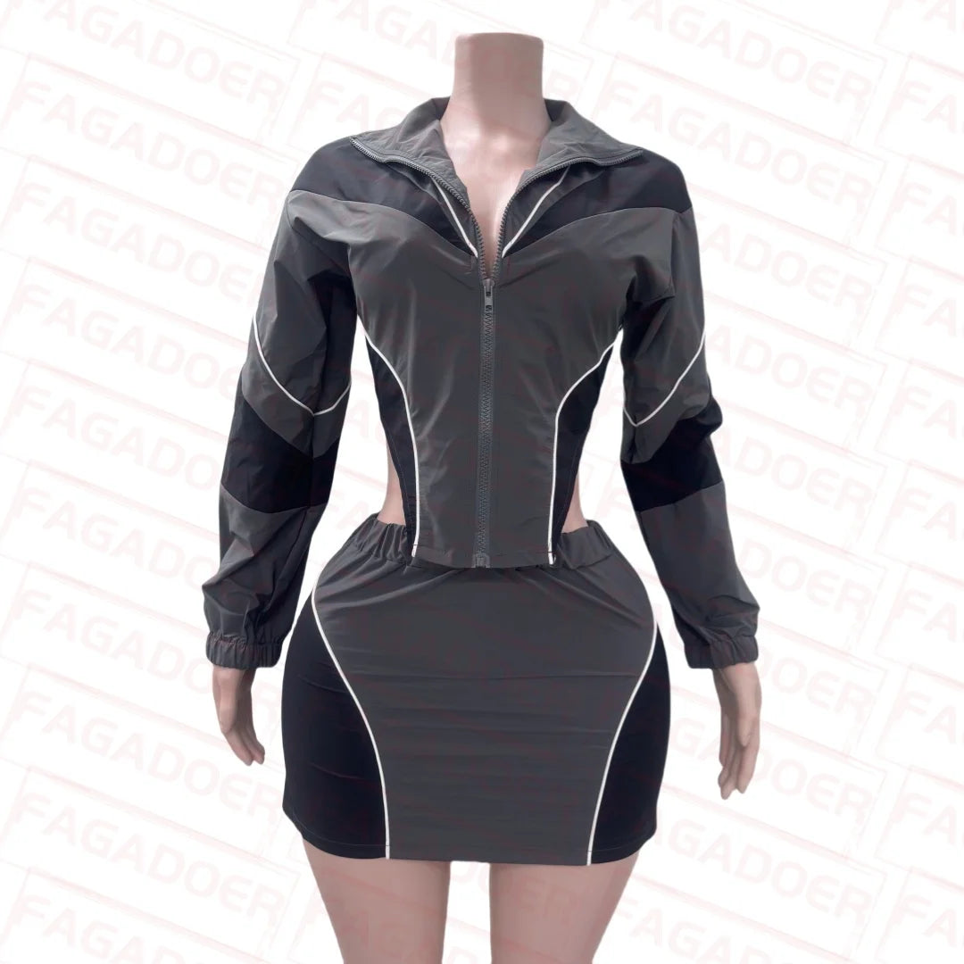 Color Block Two Piece Set For Women Casual Zip Lantern Sleeve Irregular Crop Jacket + High Waist Skirts Suit