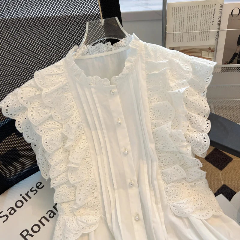 Flying Sleeve White Shirts Vintage Sleeveless Ruffled Lace Blouse for Woman