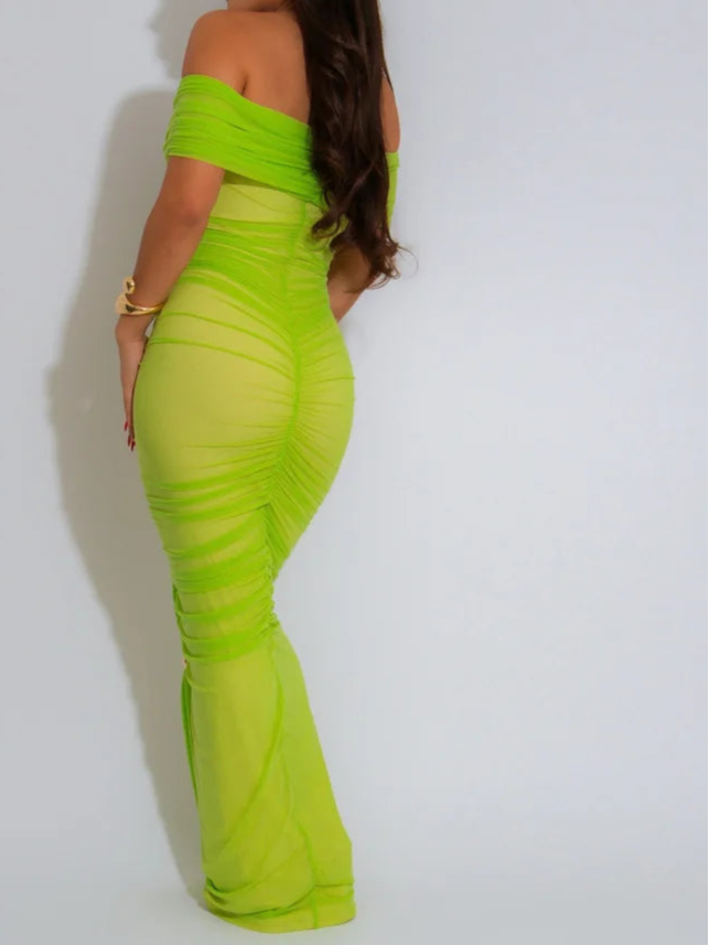 Luxe Goddess Mesh Maxi Dress Elegant Women's Off Shoulder Pleated Bandage Beach Vacation Dress