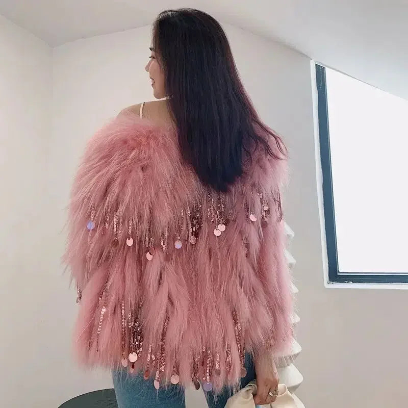 Faux Fur Grass Sequined Tassels Coat Women's Short Beaded Fringed Bomber Jacket