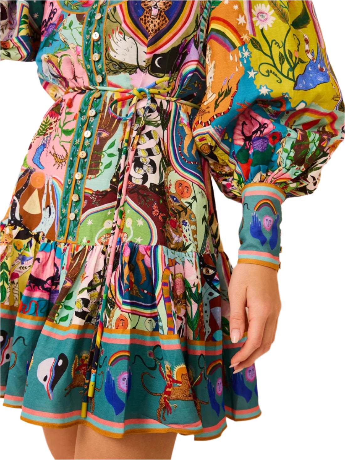 printed round neck dress cinched waist strap pleated ruffle edge dress summer dress