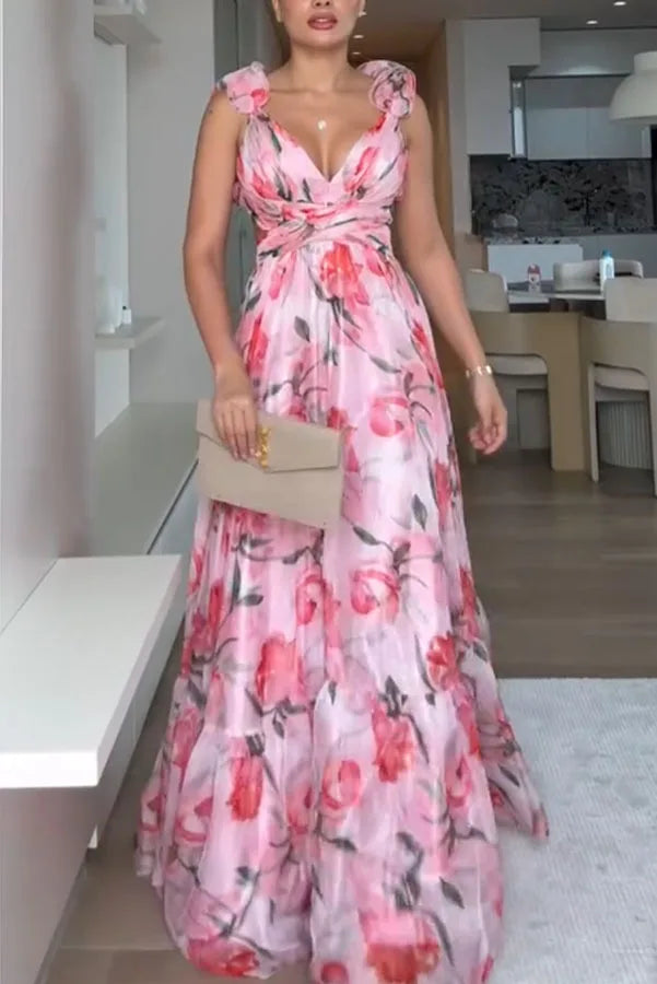 Women Chiffon Ruffle Edge Printing Maxi Dress V Neck Pleated High Waist Ankle Length Dress