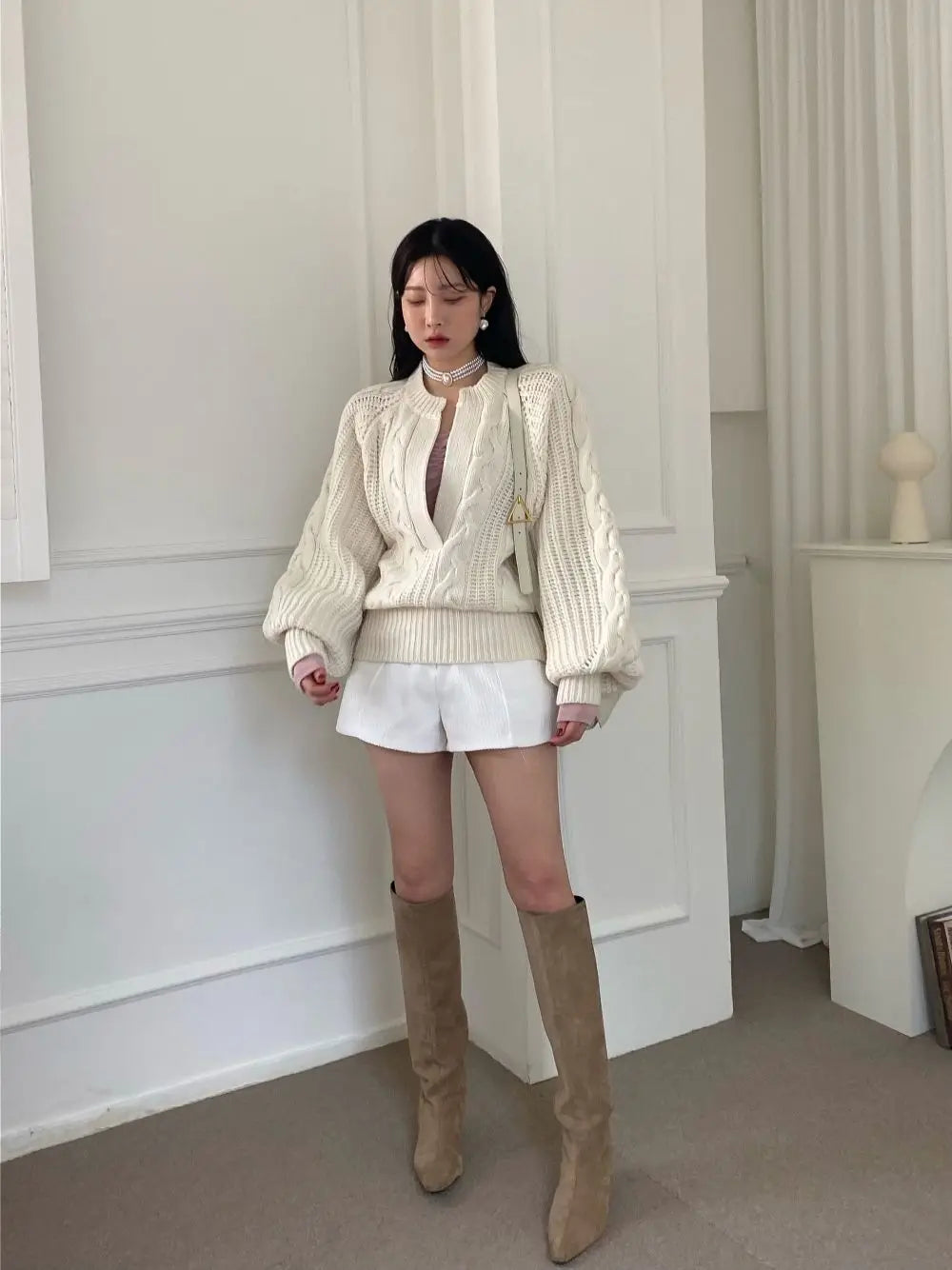 Chic Fried Dough Twists Pattern Pullover Loose Lantern Sleeve Knit Sweater