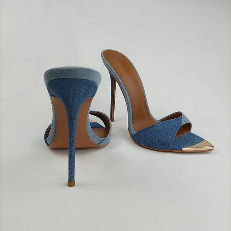 Denim Women Slippers Metal Decoration Pointed Toe Mules Shoes Super-high Heel Sandals
