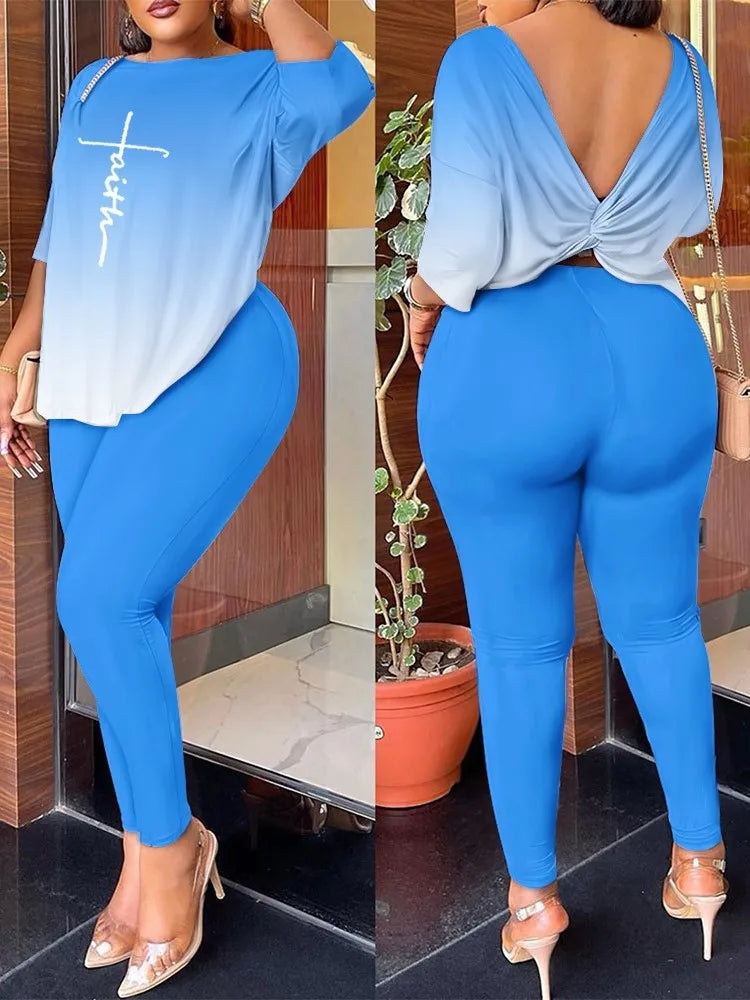 Women's Backless Round Neck Five Quarter Sleeve Pants Two-piece Casual Comfortable Set