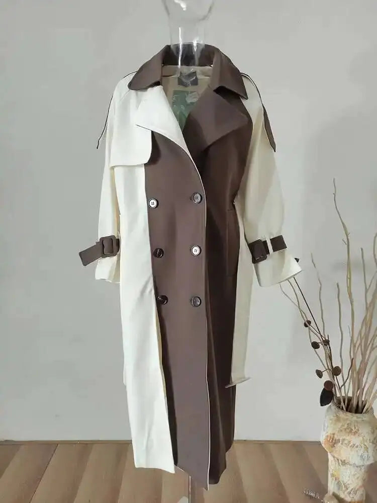 Color Block Trench Coat Double Breasted Patchwork Windbreaker Trench Coat