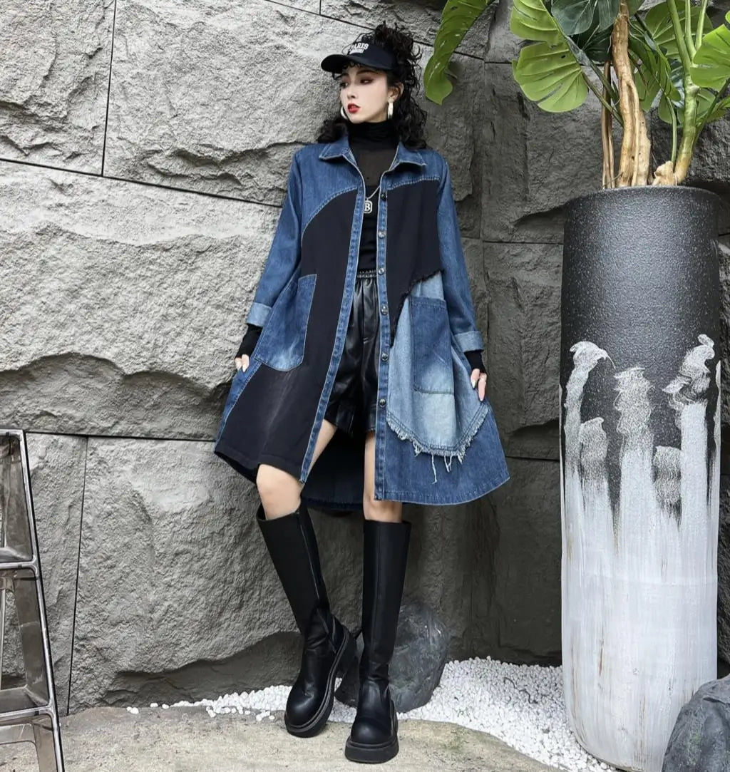 Oversized Denim Autumn Midi Trench Coat for Women
