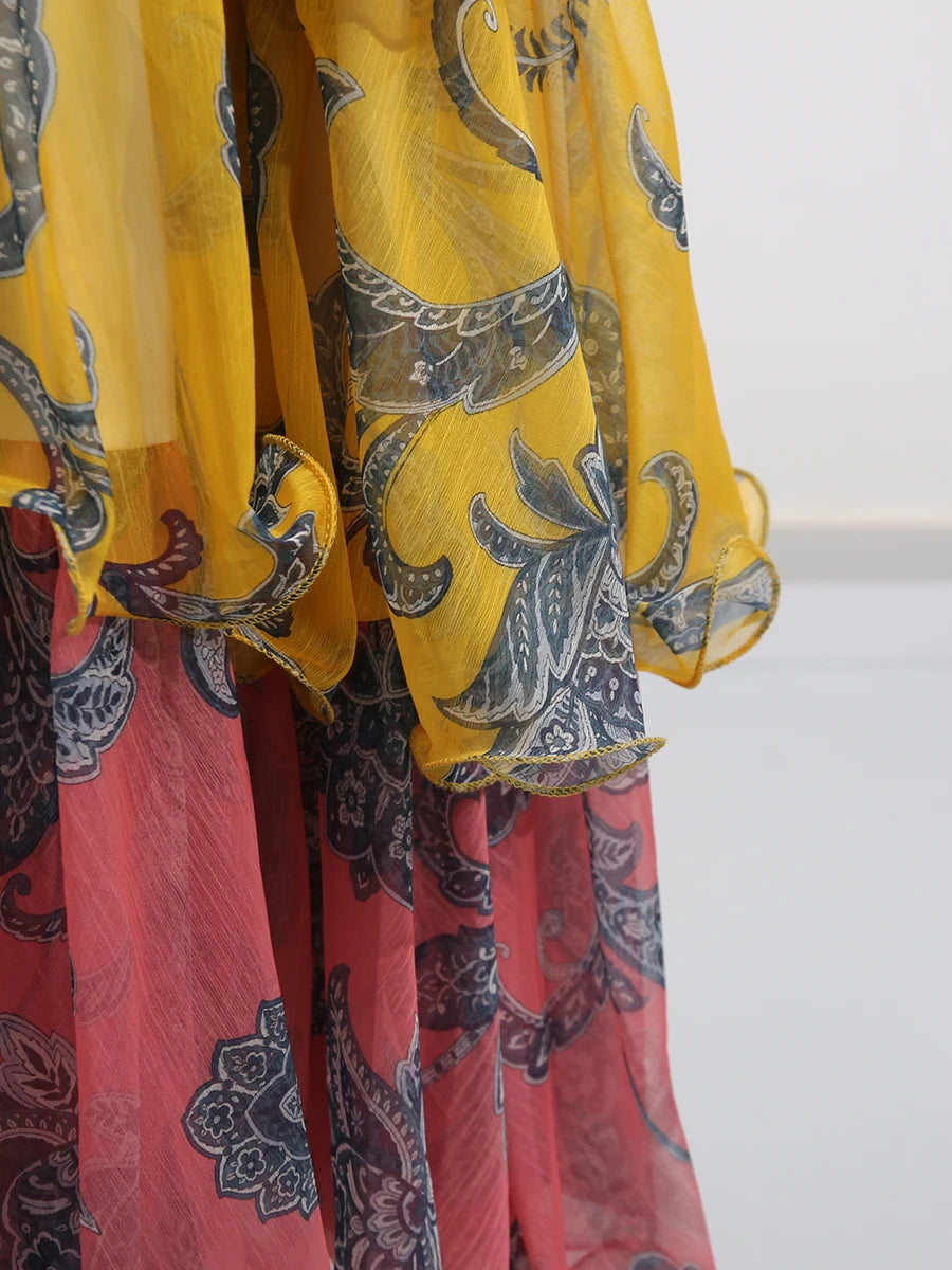 Colorful Print Ruffle Maxi Dress Spliced Lace Up Robe for Women Round Neck Sleeveless High Waist Patchwork Ruffles Dress