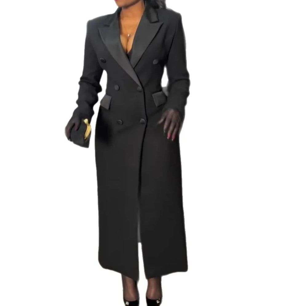 Women Blazer Dress Double Breasted Notched Long Sleeve Maxi Blazer Dress
