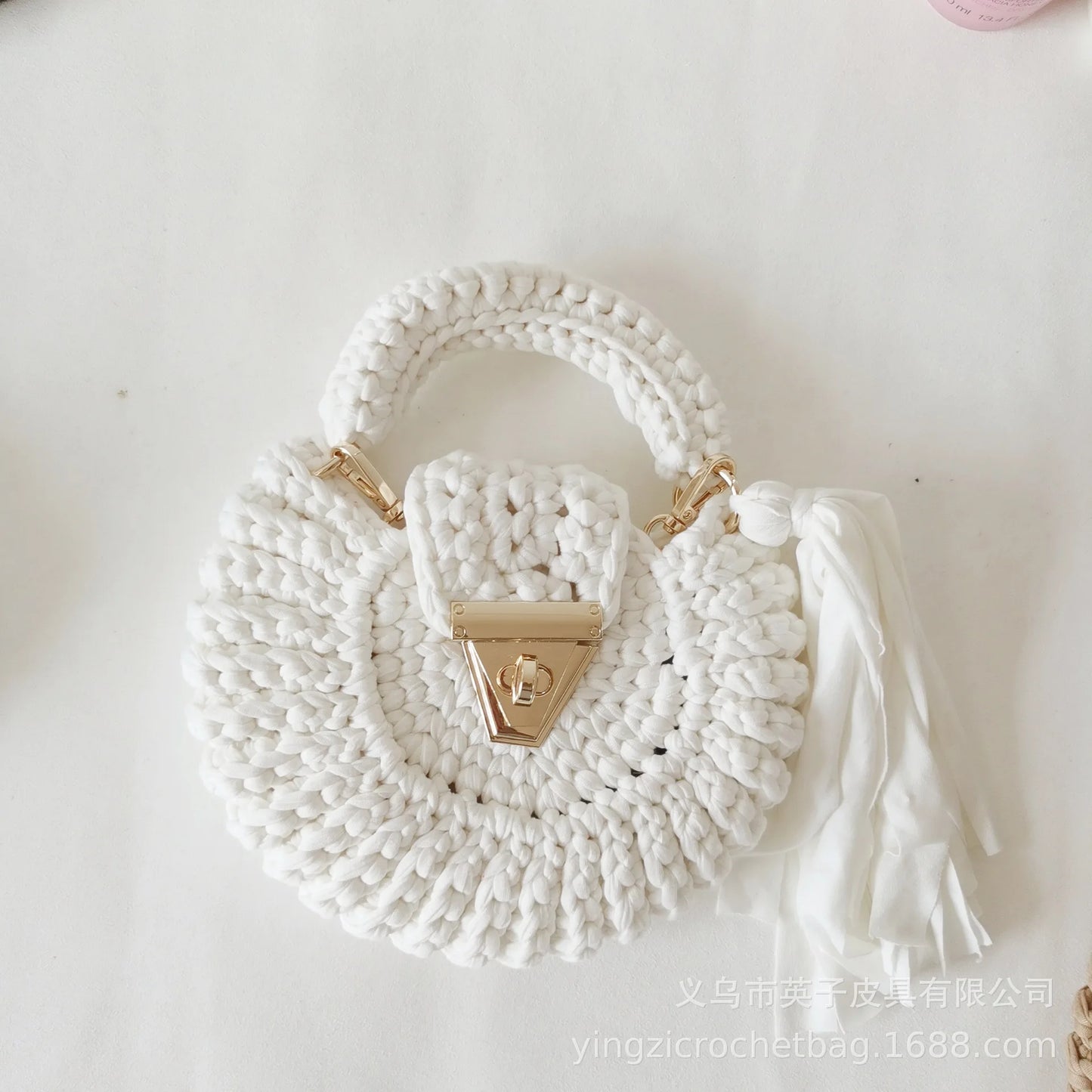 Bohemian Women's Solid Color Hook Knit Bag Round Fringed Small Crossbody Bag Soft Material