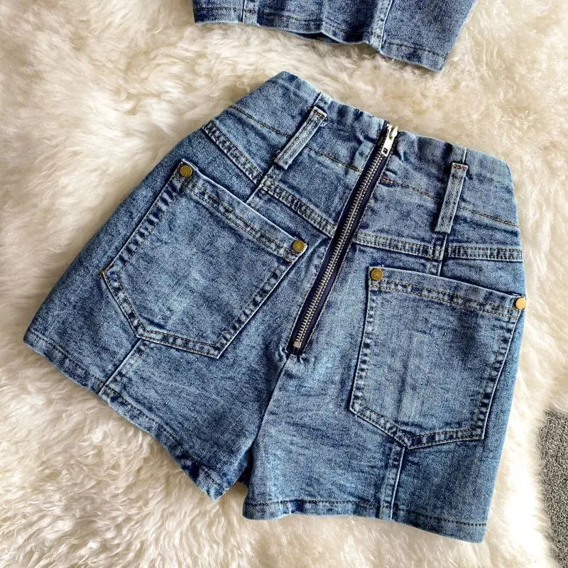 Denim Shorts Sets Shirts+Shorts Jeans 2 Pieces Sets Outfit