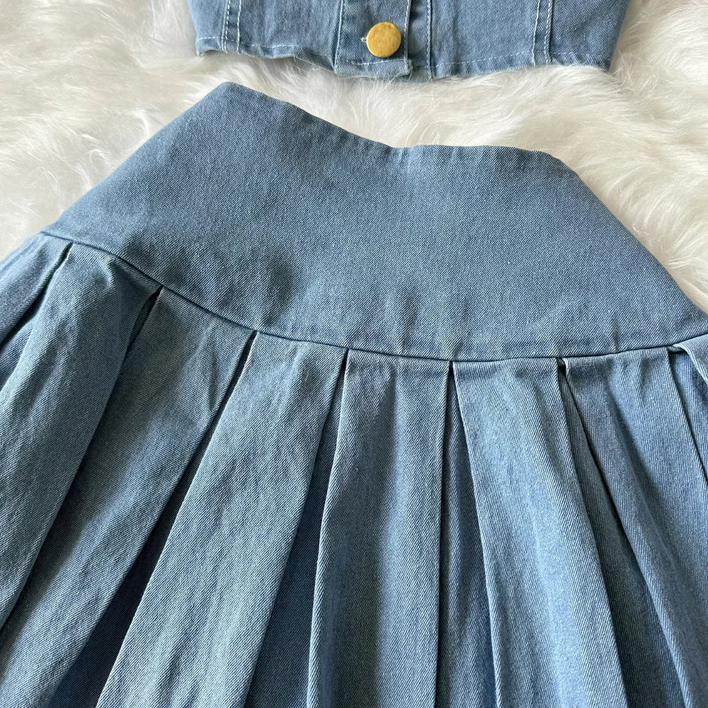 Denim Skirt Stets Two Pieces Sleeveless Tanks Top and Pleated Mini Skirt