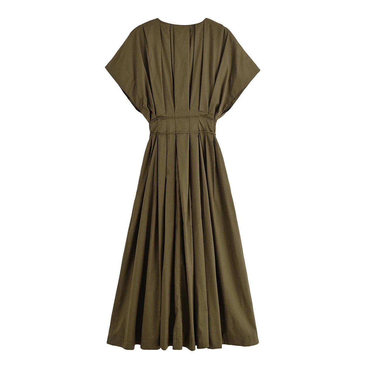 V-neck Lace-up Midi Dress Short Sleeve Backless Pleated Dress