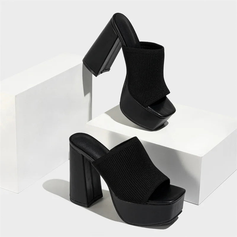 Knitted Platform Slippers Chunky High Heels Women Peep Toe High Heel Slippers