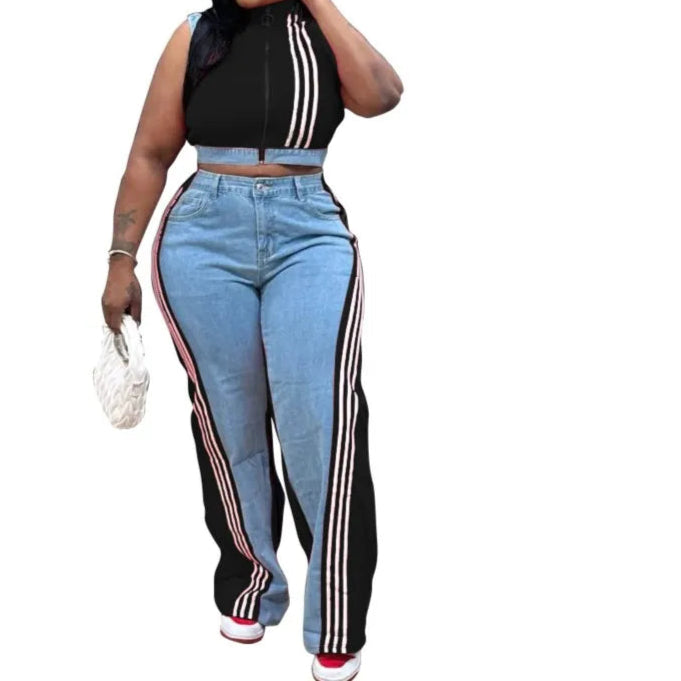 Women's 2 Pieces Sets 2025 Spring Summer Denim Sleeveless Suit Tops And Wide Leg Pants Suits Two Piece Set