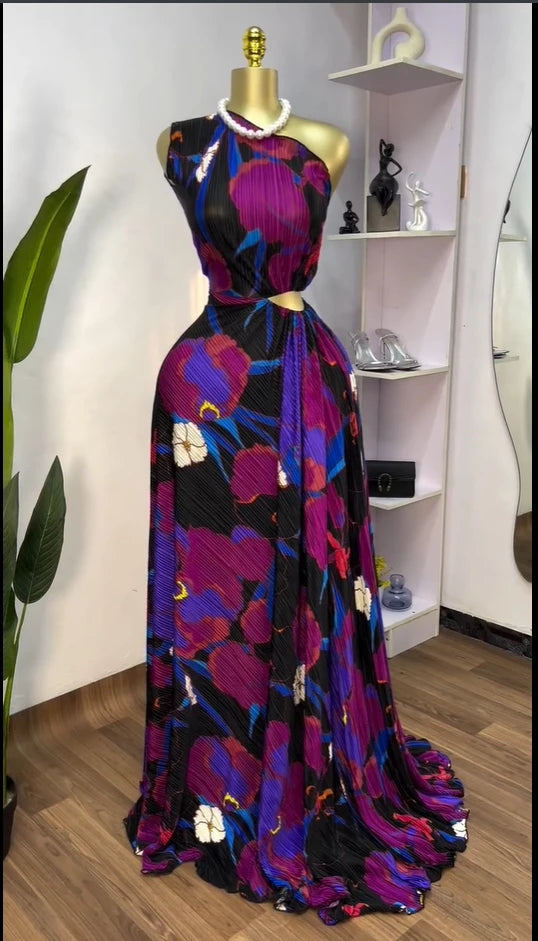 Women Floral Printed One Shoulder Skew Neck Cutout Waist Pleated Maxi Long Dress Birthday Outfit