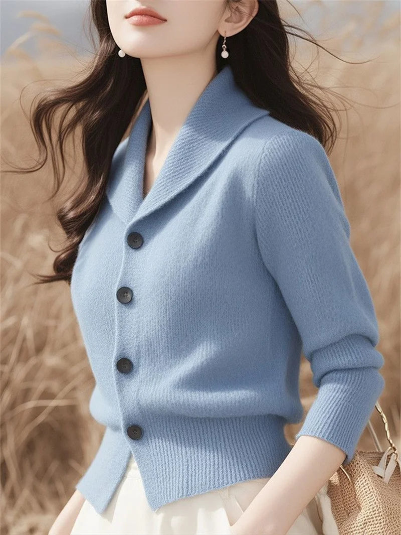 Turndown Collar High End Women Knit Cardigan Sweater Korean Knitwear Tops