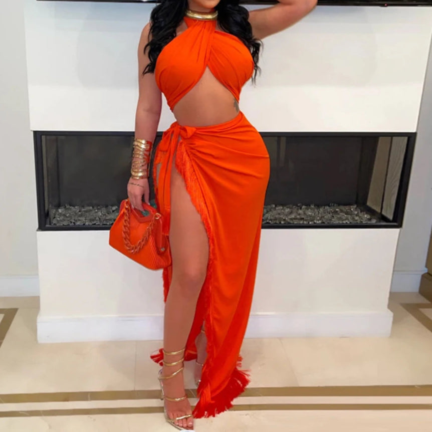 Chic Halter Neck Crop Top And High Slit Resort Wrap Skirt Set Two-Piece Outfits Resort Cover-Up Set