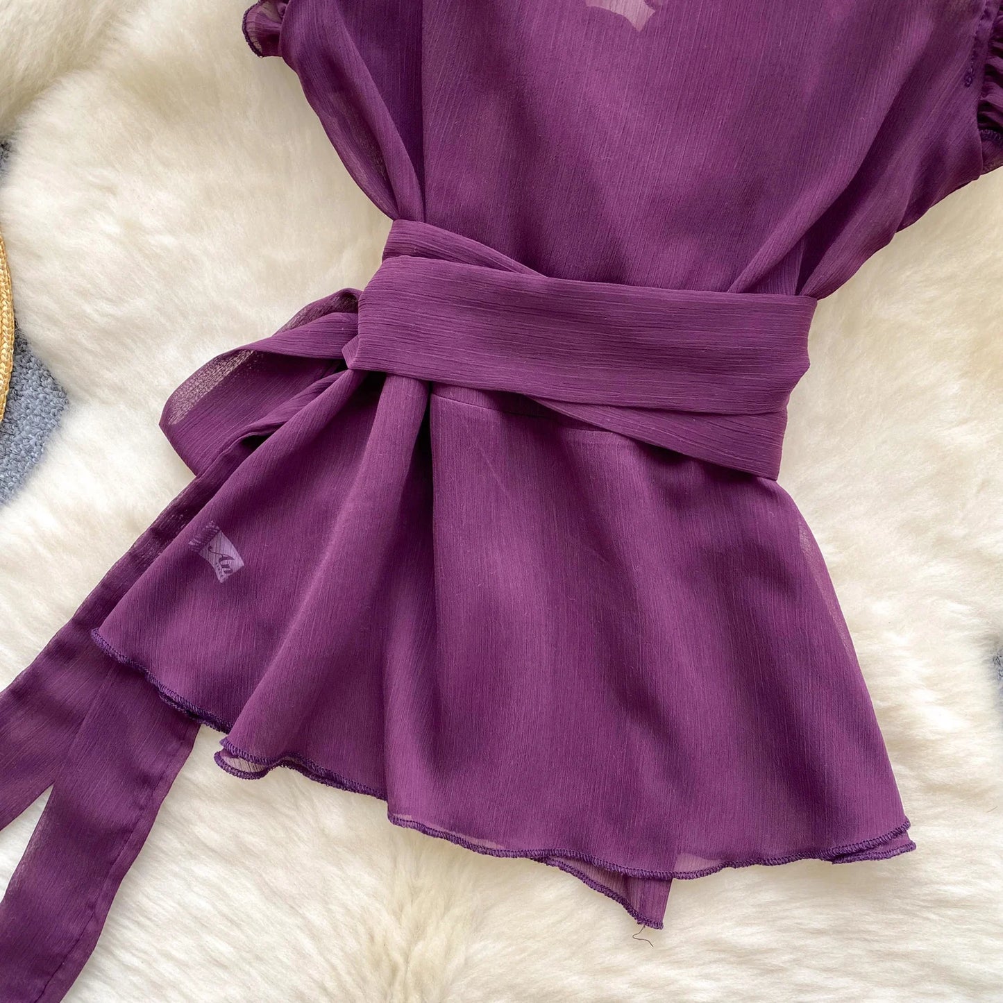 Sweet Ruffles Chiffon Blouses Women Sleeveless V Neck Retro Lace Up Blouse