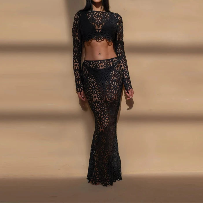 Summer Vacation See Through Crochet Top Women Set Hallow Out Flare Long Sleeve Skirts Set