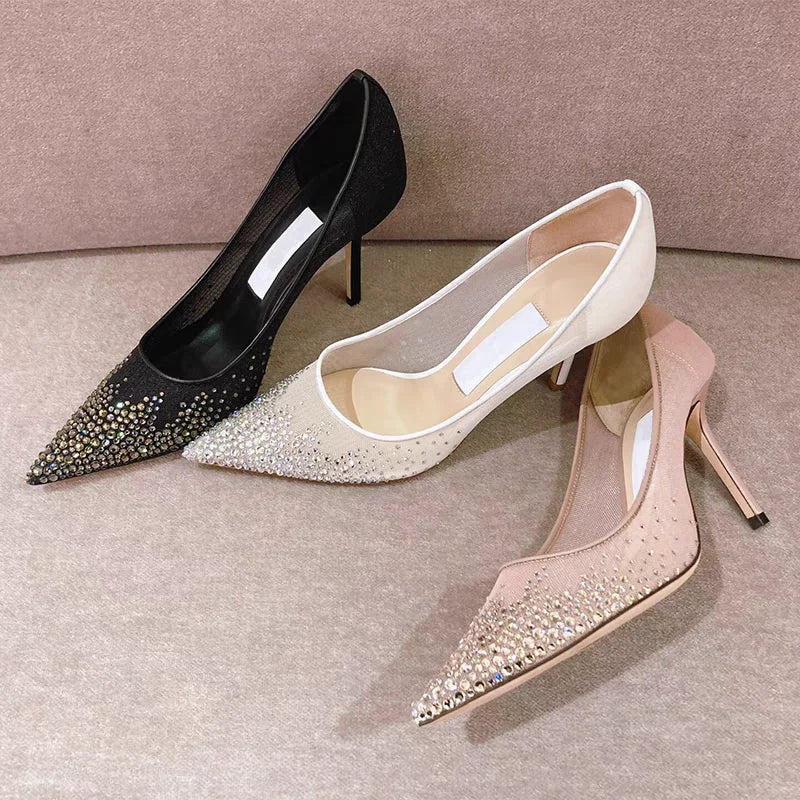 Mesh Pointed Shallow Mouth Sexy Pump Heels Stiletto Shoes Bridal Shoes