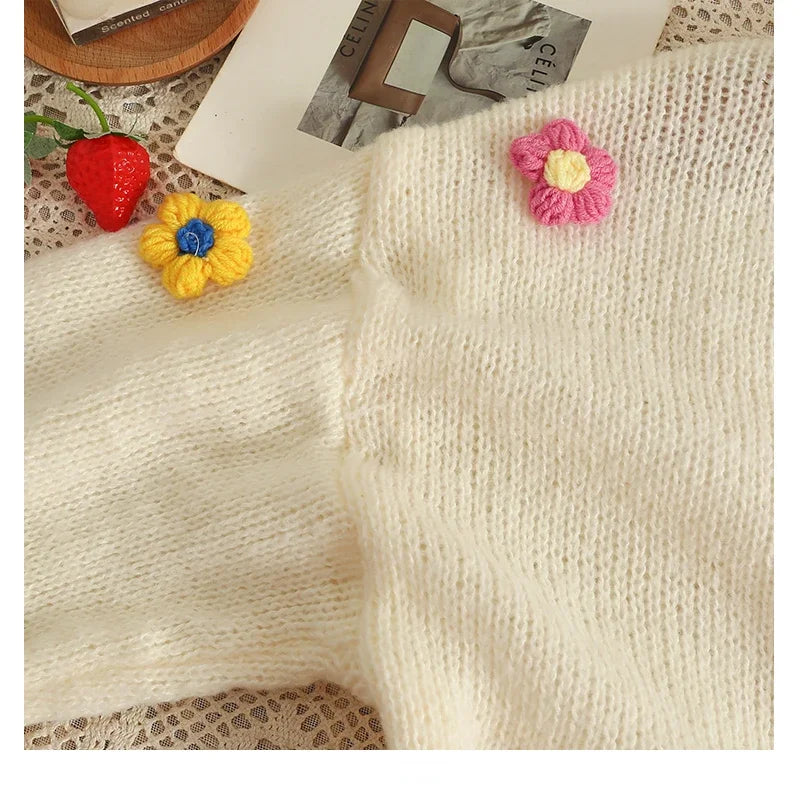 Colorful Flower Cardigan for Women Cute Long Sleeve V-neck Knit Crop Sweater