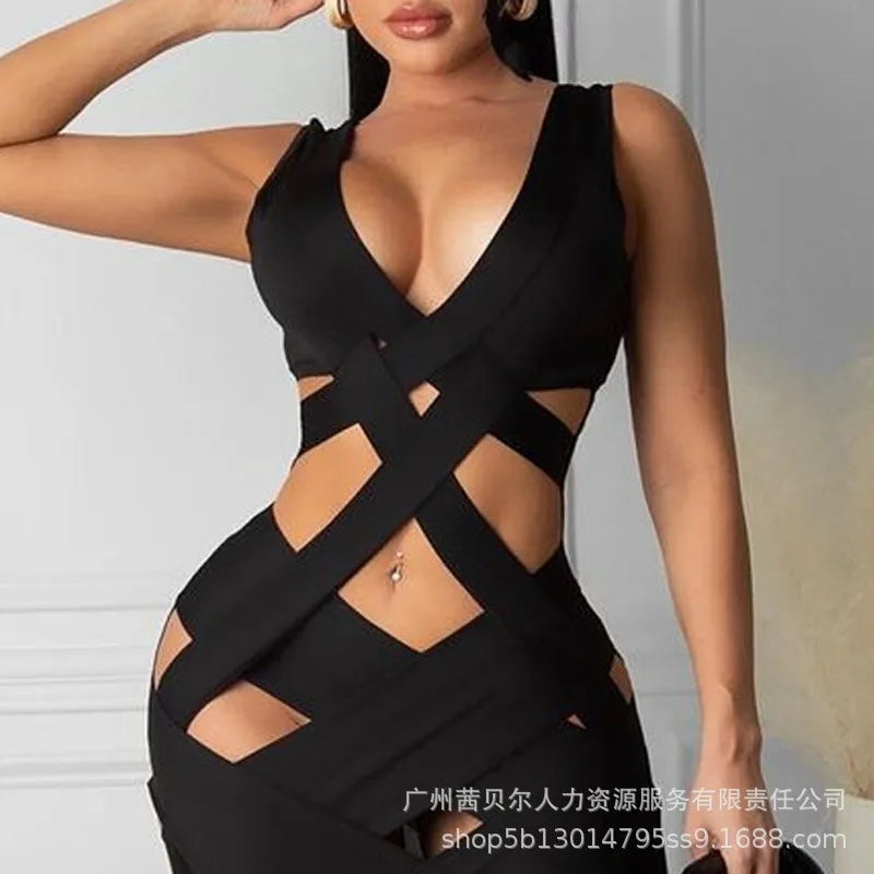 Sleeveless Tight Dress Hollow Out Sheath Mini Y2K Black Sexy Bodycon Dress Club Dress