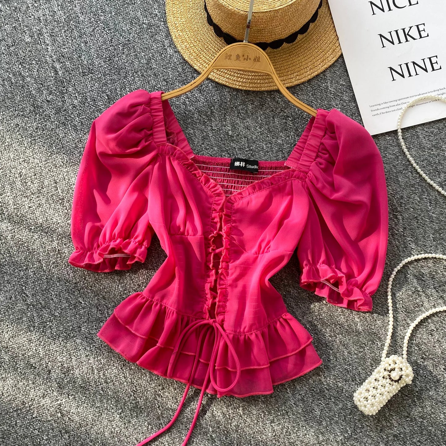 French Style Chiffon Blouse Square Neck Short Sleeves Ruffles Lace Up Beach Top
