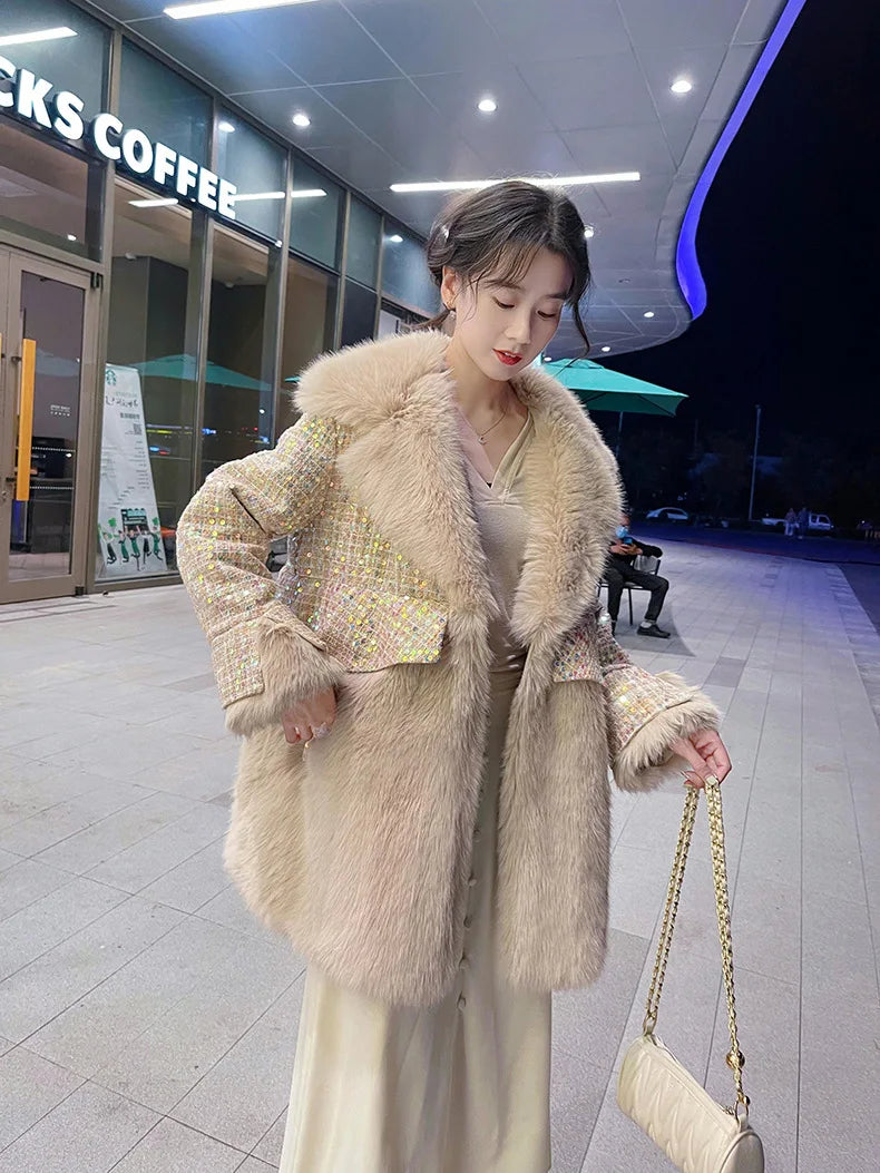 Winter Fur Coat Women Luxury Sequined Wool Faux Fur Long Jacket Fluffy Overcoat