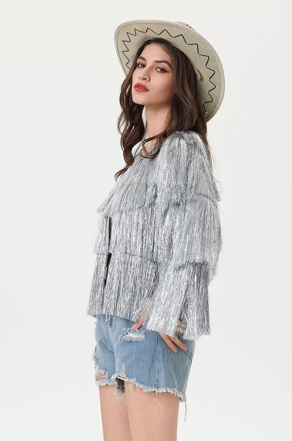 Tinsel Women Coat Temperament Club Coat Long Sleeve Trendy Fashion Sequins Tassel Jacket