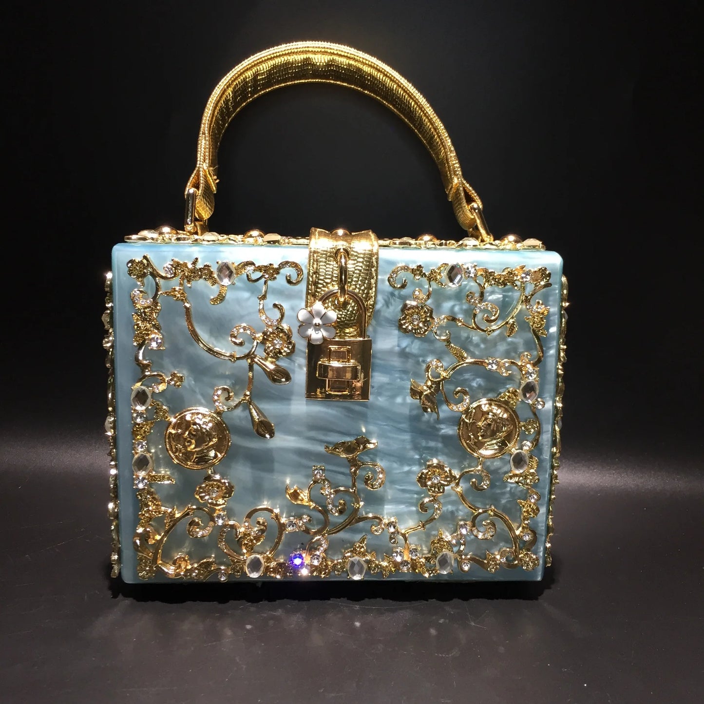 High-Grade Crystal Evening Bag Female New Hollow Out Metal Carved Flower Diamond Handbag