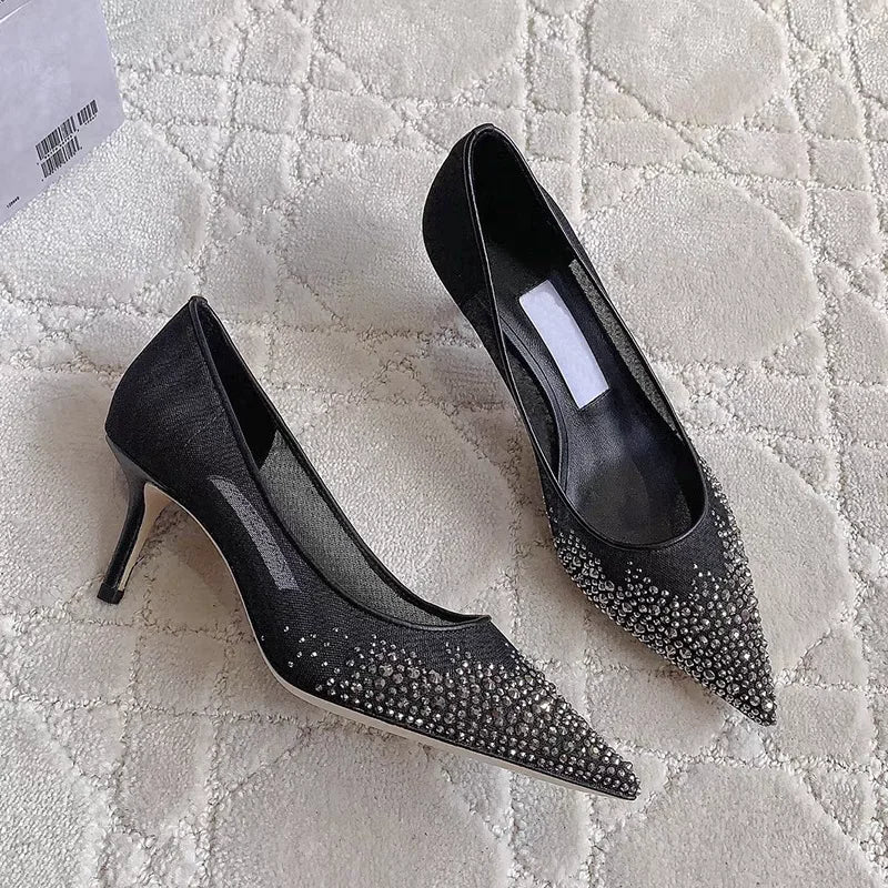 Mesh Pointed Shallow Mouth Sexy Pump Heels Stiletto Shoes Bridal Shoes