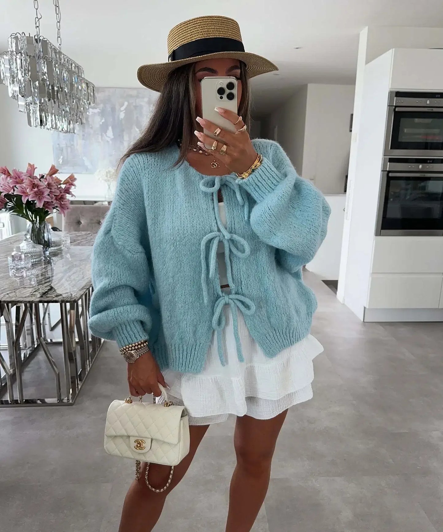 Elegant Knitted Cardigan Sweater Women's Lace up Cardigan