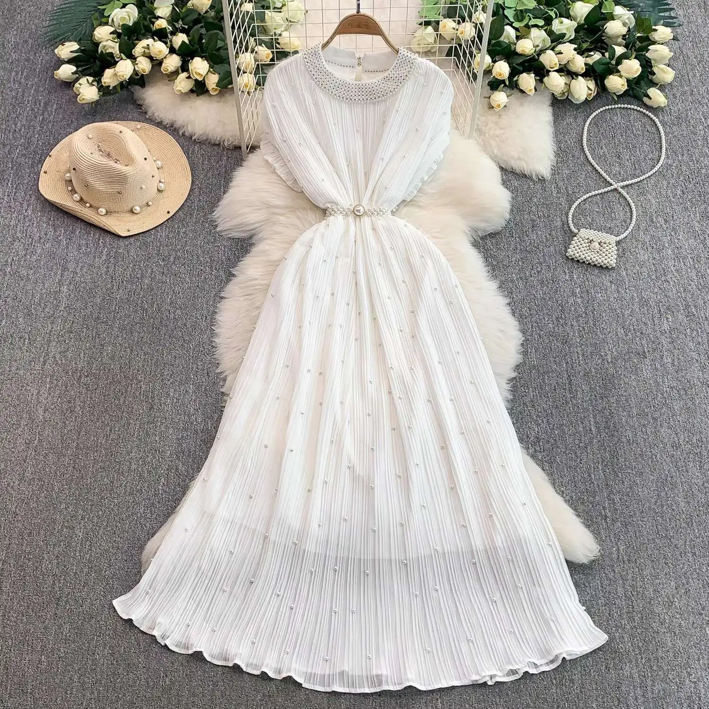Summer Luxury Pearls Long Chiffon Dress For Women Loose Big Size Short Sleeve Crystal Birthday Evening Midi Pleated Dresses