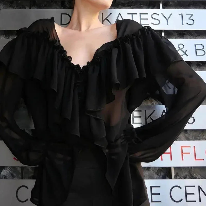 White Chiffon Shirt Women's V-Neck Sexy See Through Shirt Beach Ruffle Blouse