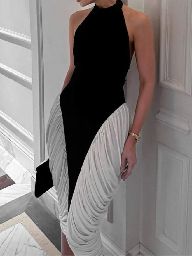 Patchwork Halter Backless Sexy Midi Dress Women Gown Elegant Fashion Contrast Color Sleeveless Pleated Long Dress