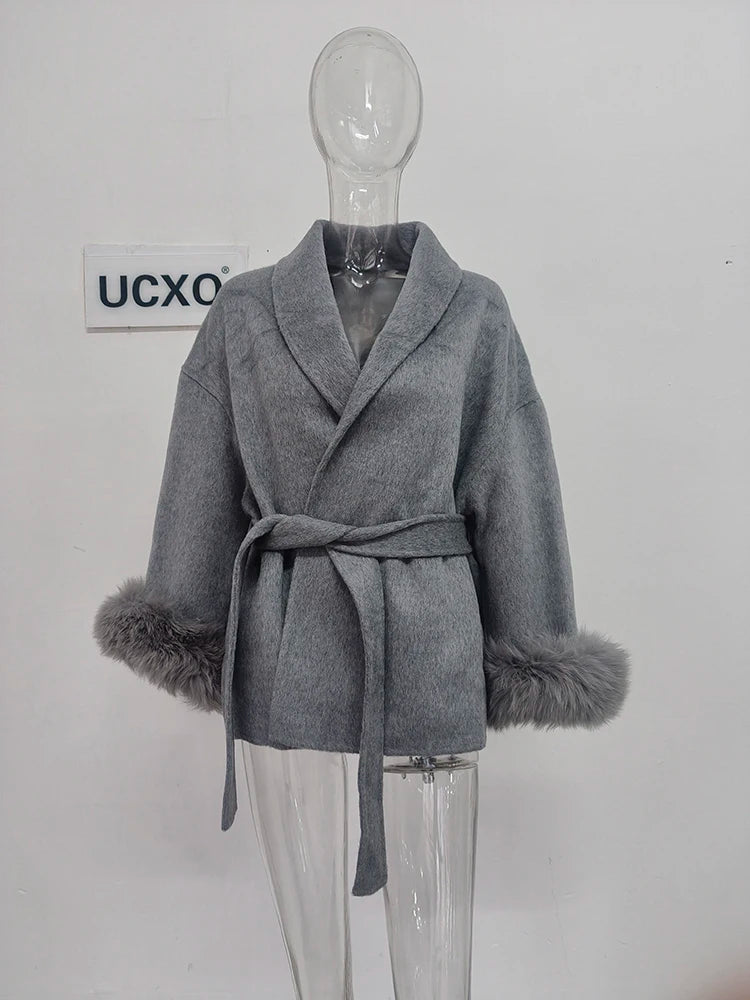 Women Overcoats Fur Patchwork Long Sleeve Woolen Coat