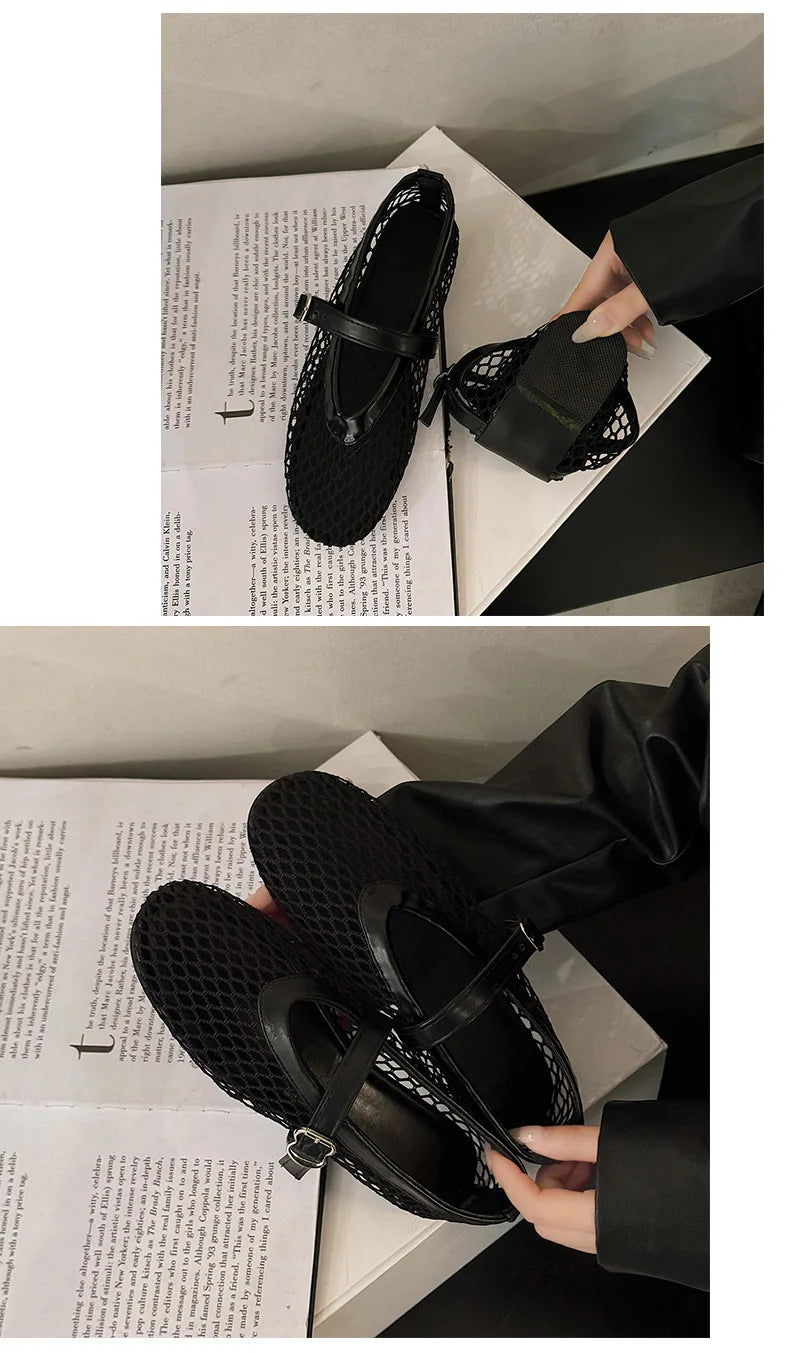 Breathable Mesh Black Ballet Shoes Daily Walking Street Sandals