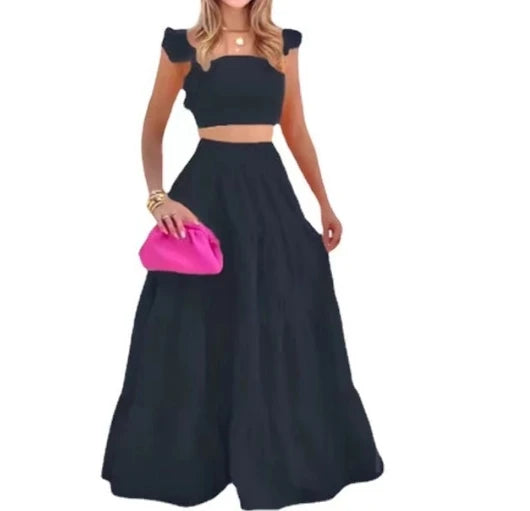 Y2k Two Piece Set Elegant Sexy Collage Sleeveless Top and Maxi Skirt Set