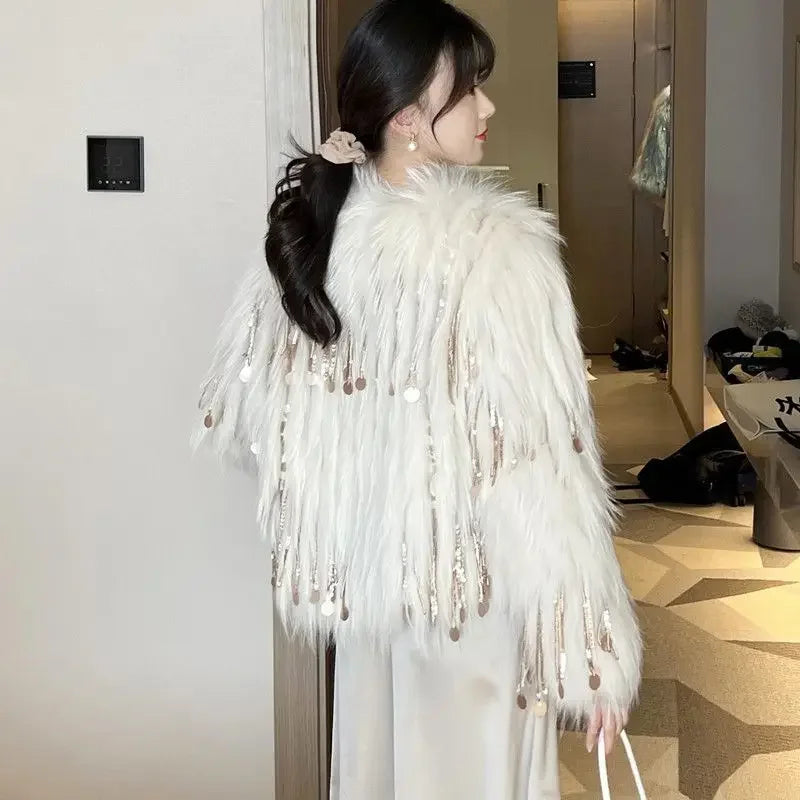 Faux Fur Grass Sequined Tassels Coat Women's Short Beaded Fringed Bomber Jacket