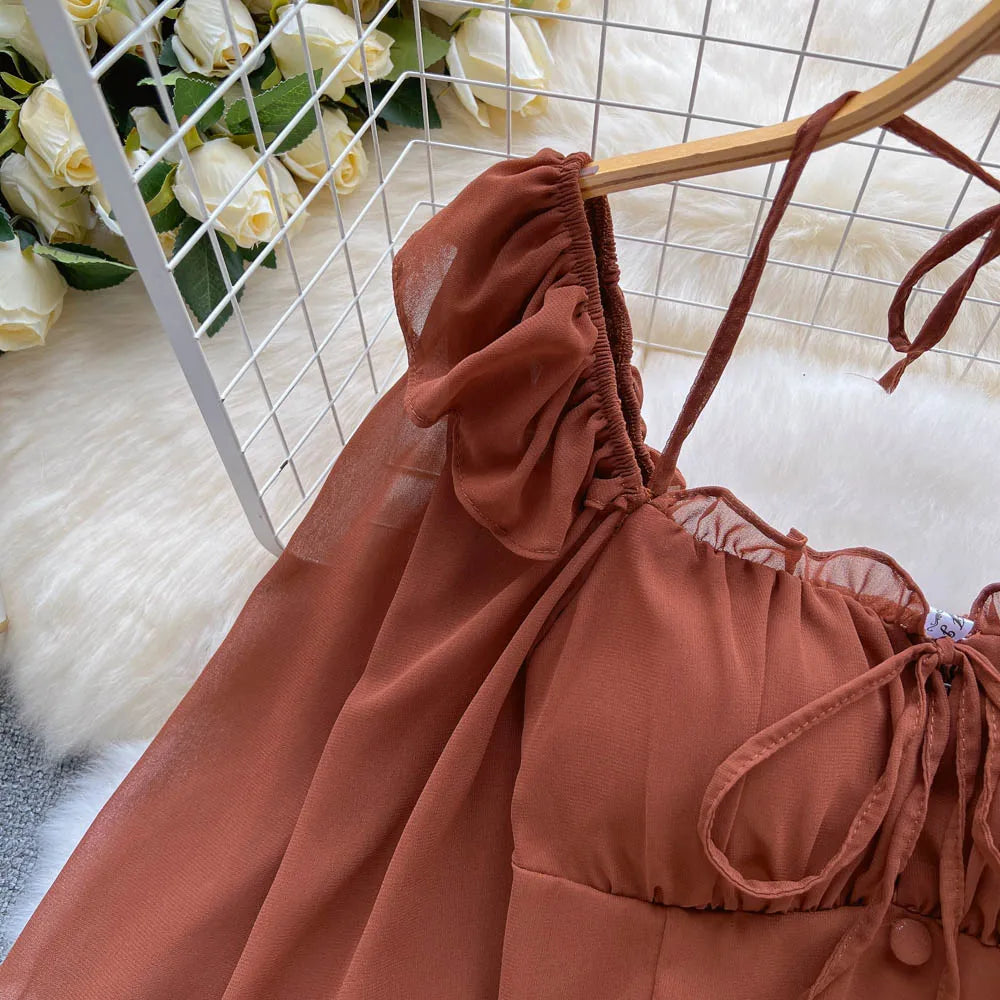 Flare Sleeve Women Top Ruffle Solid Elastic Waist Halter Backless Chiffon Blouse