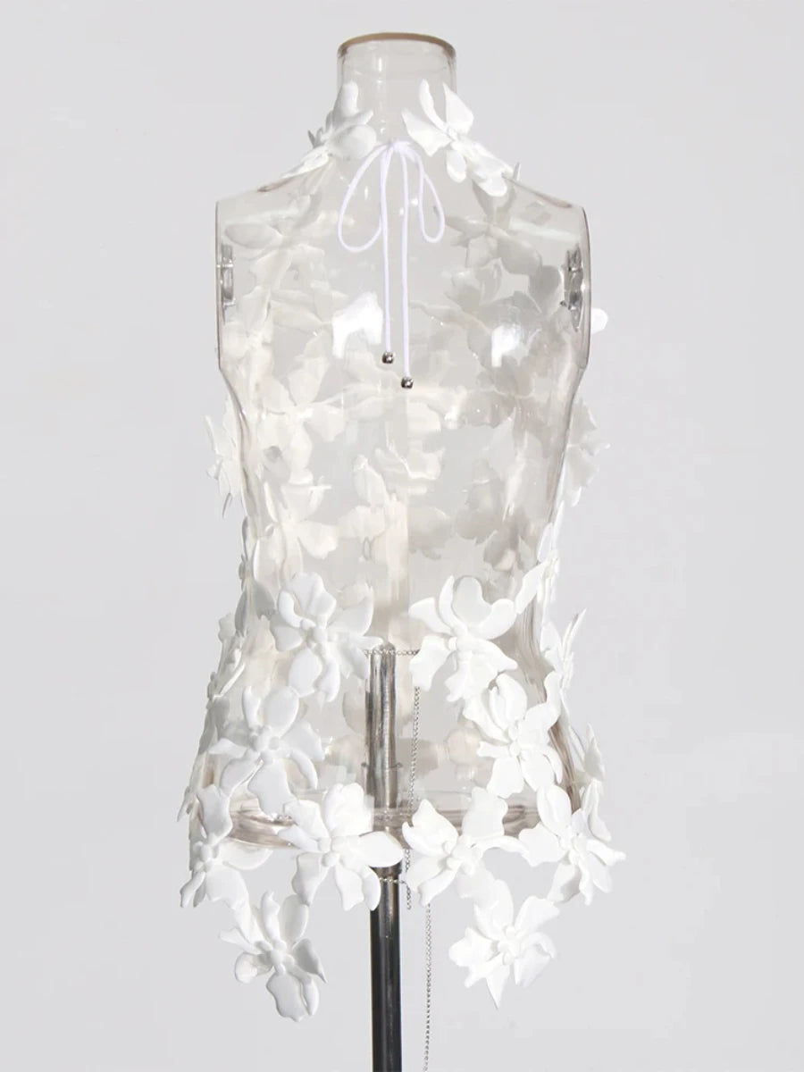 Spliced 3D Flower Cutout Sexy Vest for Women Halter Sleeveless Backless Off Shoulder Patchwork Lace Up Top