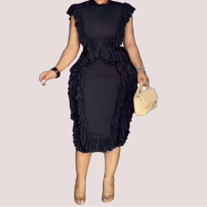 Elegant Black Dress Sleeveless Bodycon Round Neck Casual Vintage Midi Dress