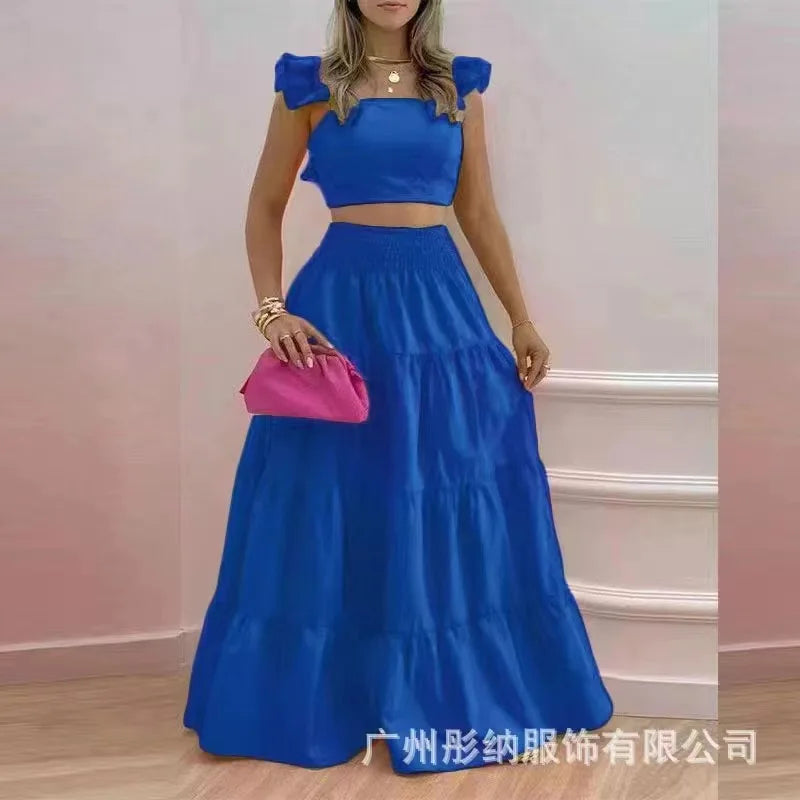 Y2k Two Piece Set Elegant Sexy Collage Sleeveless Top and Maxi Skirt Set
