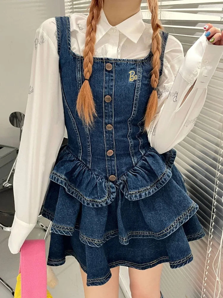 Denim Ruffle Mini Dress Y2k Korean Fashion Women Vintage Denim Dress