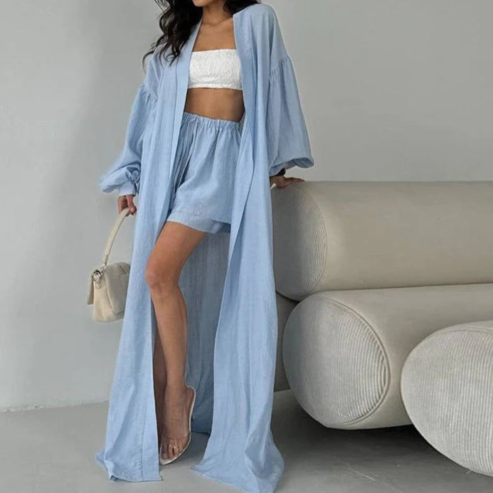 Loose Long Cardigan Lace Up Shorts Sets Women Crop Solid Balloon Sleeve Shirts Elastic Wide Leg Short Pants