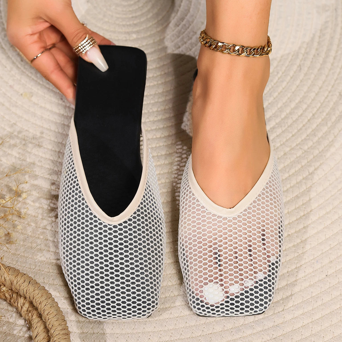 Flats Mules Women Slippers Mesh Sandals New Square Toe Slippers